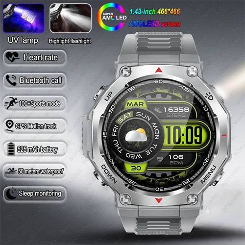 T-Rex 3 Gps Montre Intelligente 5Atm Étanche 1.43 Pouces Amoled Hd Écran Bt Appel Lampe De Poche Militaire Sport Montres Intelligentes Hommes 2025 Nouveau.Grey Silicone.