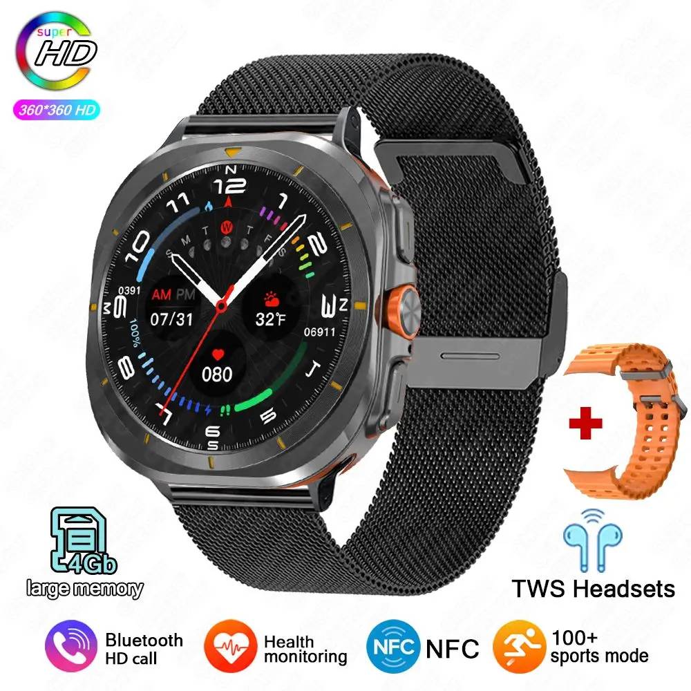 2025 Nouvelle Montre Ultra Dt 7 Gps Piste Montre Intelligente Hommes Tws Écouteurs 4Gb Bluetooth Appel Nfc Contrôle Fréquence Cardiaque Smartwatch Femmes.Orange.