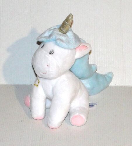 Doudou Licorne Jemini Model Blanc Et Bleu Peluche Cheval 16 Cm