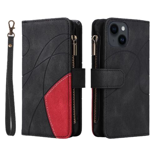 Étui Pour Iphone 15 Plus Style De Portefeuille À Glissière Avec Le Support De Fente De Carte Neuf Fentes Pour Cartes Béquille De Protection Couture Bicolore - Noir