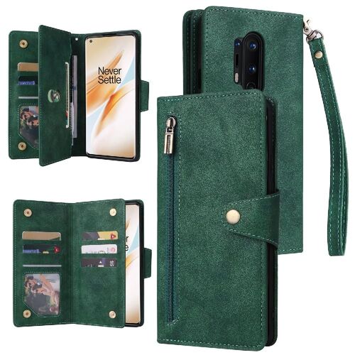 Étui Pour Oneplus 8 Pro Titulaire De La Carte Avec Sangle De Main Cuir Magnétique Couverture De Portefeuille À Fermeture Éclair - Vert