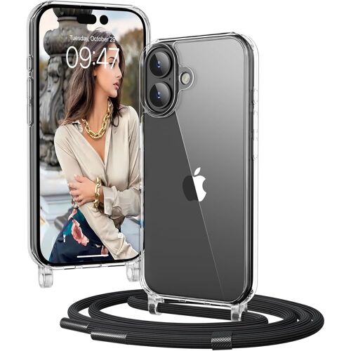 JGD-Coque avec Cordon pour iPhone 17 6,3'', Transparent Coque avec Collier Ajustable, Noir