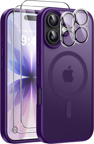 5 in 1 Magnetic Case for iPhone 17 with 2 Tempered Glass and 2 Camera Protector, Compatible MagSafe Back Anti Scratch Shockproof TPU Bumper Cover for iPhone 17 6.3"" - Dark Purple