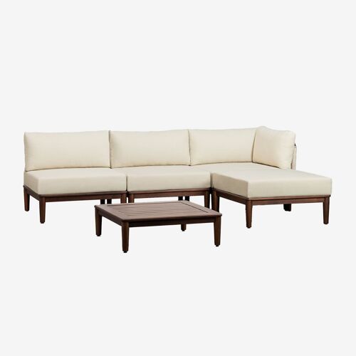 Ensemble De Jardin Avec Canapé D'angle Modulaire 3 Pièces, Table Basse Et Pouf En Acacia Giulia Brun Acacia Foncé