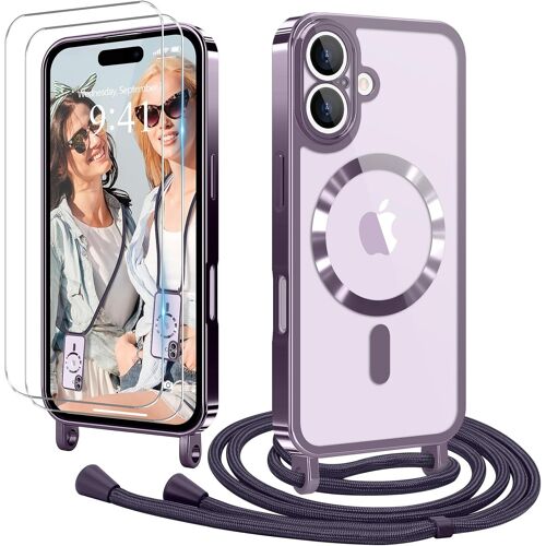 LORANKA-Coque pour iPhone 17 avec Cordon de Collier + 2×Verre Trempé, Coque Transparente TPU Bumper Silicone Etui Housse avec Cordon Réglable, Cover Magnétique pour iPhone 17 Violet