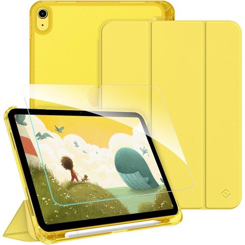 Coque Pour Ipad (A16) 11E/10E Génération (11/10.9 Pouces, 2025/2022) - [Avec Verre Trempé & Rangement De Stylet] Coque Rigide Transparente Givrée, Housse Fine Légère, Jaune