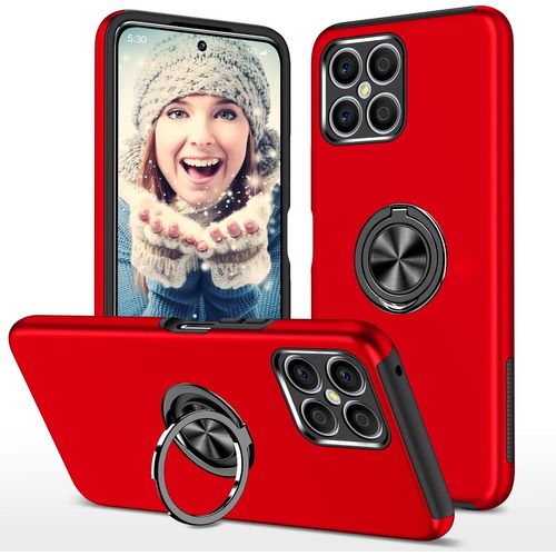 Coque Pour Huawei Honor X8 Etui,?[Invisible] Support Danneau Magnetique Rotatif Integre, Militaire Renforcee Rigide Pc Cover Et Tpu Silicone Antichoc Etui Housse Case Rouge