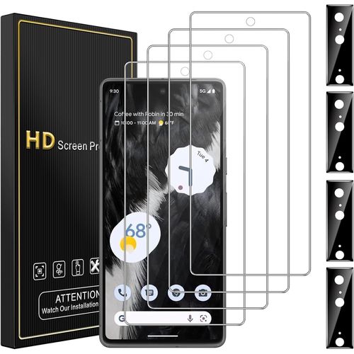 JGD-Verre Trempé Ultra Clair pour Google Pixel 7 5G - 4 Protecteurs d'Écran + 4 Protecteurs de Caméra Arrière, bords incurvés 2,5D, Dureté 9H Anti-Rayures, Sans Bulles