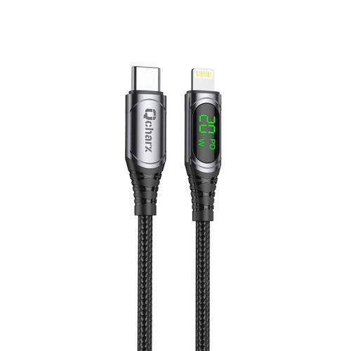 qcharx cable usb c vers lightning 3a 20w digital display 1 m