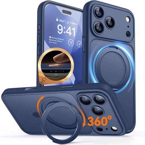 JGD-Coque Magnétique pour iPhone 17 Pro(6,3"") avec Support Pivotant à 360 [Bouton Camera Control], [Protection Complète de l'appareil Photo] Housse Fond Mat Translucide,Bleu Foncé
