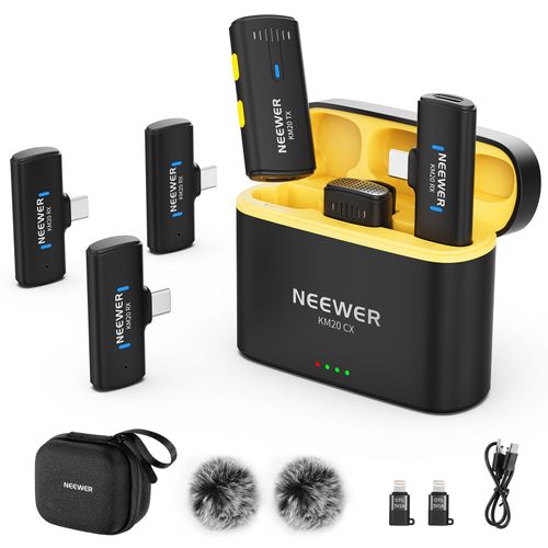 NEEWER Système de Microphone Cravate sans Fil, Mini Micro-Cravate à Pince avec 2 émetteurs USB-C, 4 récepteurs et Adaptateur OTG, Compatible avec iPhone, Android, Ordinateur, Tablette, Noir, KM20