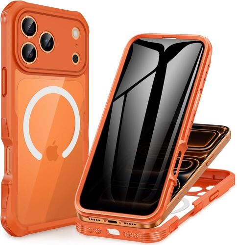 LORANKA-Magnétique Anti Espion Coque iPhone 17 Pro Max [Compatible avec MagSafe] intégré 9H Verre Trempé Protection écran et Protection Caméra, Antichoc Téléphone Housse Case Intégrale Etui -Orange
