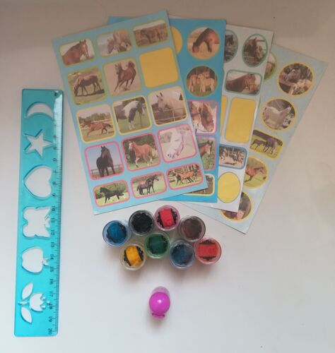 8 Tampons Rouleaux Animaux De La Ferme + Règle Avec Pochoirs + 56 Autocollants Chevaux