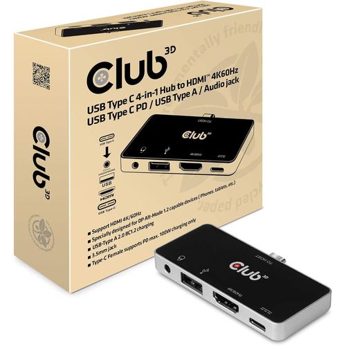 Inline Hub Usb Type C 4 En 1 Vers Hdmi 4 K60 Hz Usb Type C Pd/Usb Type A/Pr Audio