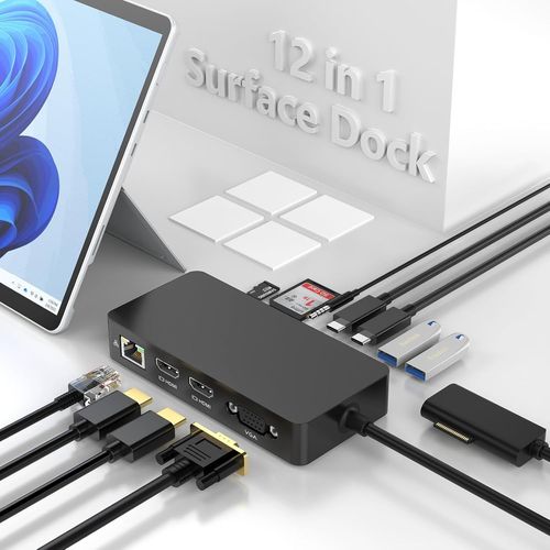 Microsoft Surface Dock,Surface Docking Station 12 En 1 Avec Double Hdmi,Vga,Usb C,Usb A,Ethernet,Audio,Fente Pour Carte Sd/Tf Pour Surface Pro,Surface Book,Surface Go