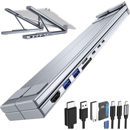 Civilized Support Pour Ordinateur Portable Usb-C 8 En 1,Station D'Accueil Usb C,Hub 8 En 1 En Aluminium Avec Support Réglable Pour Ordinateur Portable,Support De Tablette Pliable,Plug And Play