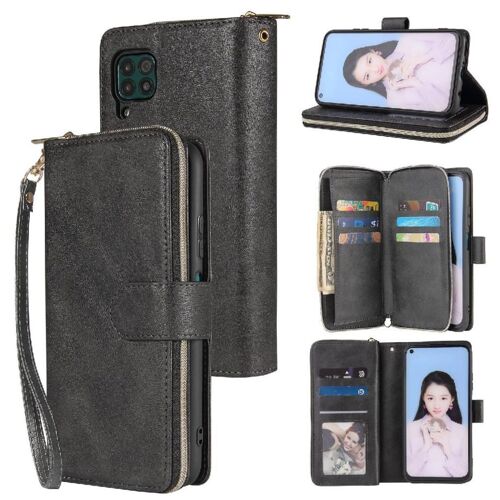 Étui Pour Huawei P40 Lite Étui Portefeuille Avec 9 Fentes Pour Cartes Titulaire De La Carte Flip Couverture Poche À Fermeture Éclair Avec Dragonne - Noir