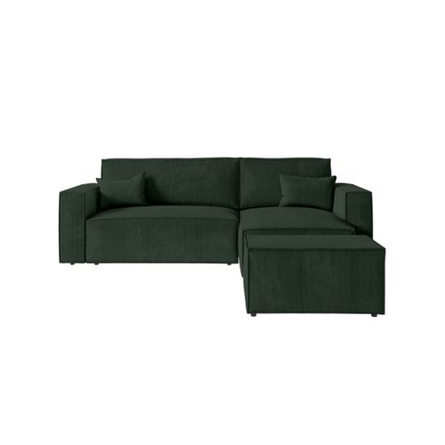 Pack - Clarisse - Canapé D'angle Convertible Réversible Avec Pouf En Velours Côtelé - Vert Foncé