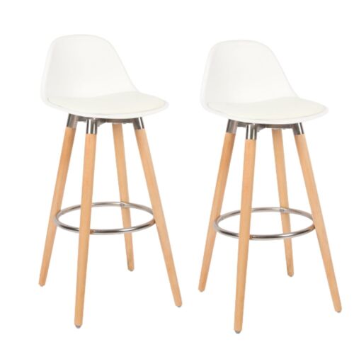 Lot De 2 Tabourets Blanc Pieds En Bois Naturel 39,5x44x91cm