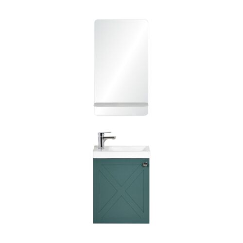 Meuble lave-mains vert de gris + miroir tablette blanche