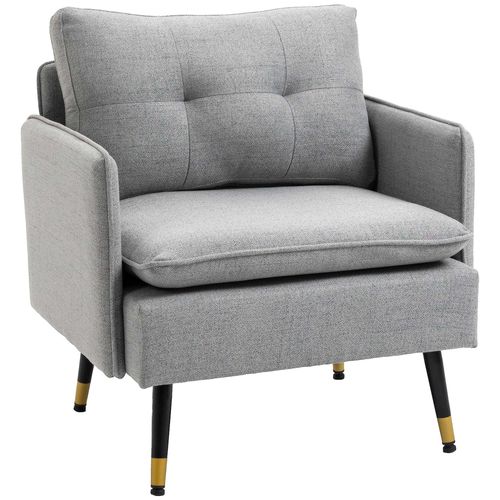 Fauteuil Style Art-Déco Effet Capitonné Métal Noir Doré Tissu Gris