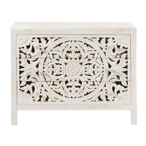 Commode 3 tiroirs en manguier massif sculpté blanc