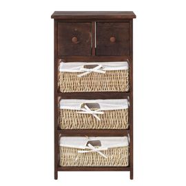Commode De Rangement Avec 5 Tiroirs En Bois Et Osier Marron Et Beige