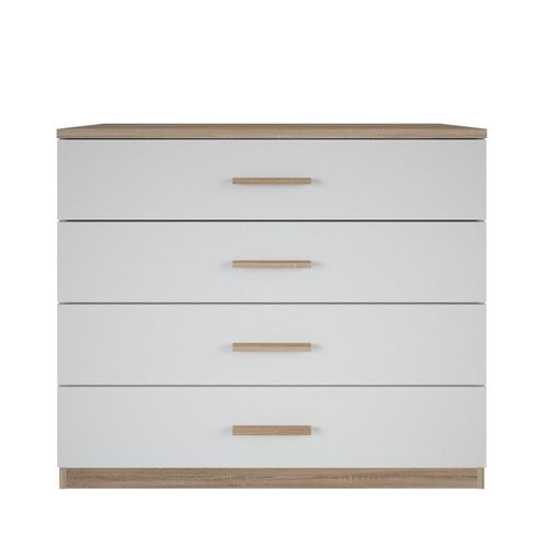 Commode 4 Tiroirs Décor Bois Et Blanc L100 Cm