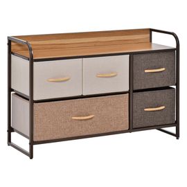Commode 5 Tiroirs Tissu Marron Beige Châssis Métal Plateau Aspect Bois
