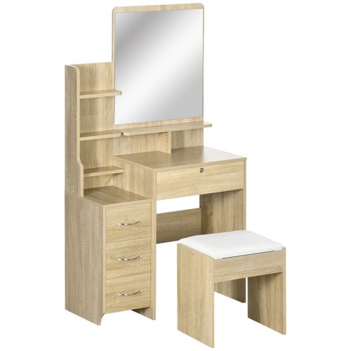 Ensemble Coiffeuse Tabouret 4 Tiroirs 4 Étagères Miroir Bois Clair