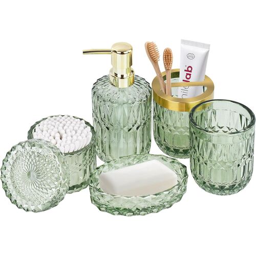 Ensemble Complet D'Accessoires De Salle De Bain En Verre,Distributeur De Savon,Porte-Brosse À Dents,Porte-Savon,Gobelet,Pot À Cotons-Tiges,Décoration De Salle De Bain Moderne,Ensemble