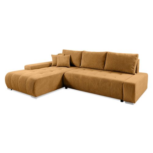 Canapé D'angle Convertible Gauche 4 Places Coffre Velours Côtelé Jaune