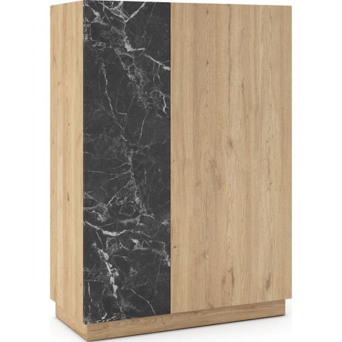 Buffet Haut 2 Portes Effet Bois Et Marbre Noir 90 Cm