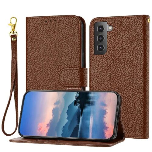 Cas De Téléphone Pour Samsung Galaxy S22 Plus Modèle Litchi Portefeuille Flip Folio Pu Lether Porte-Cartes À Fentes - Le Brun