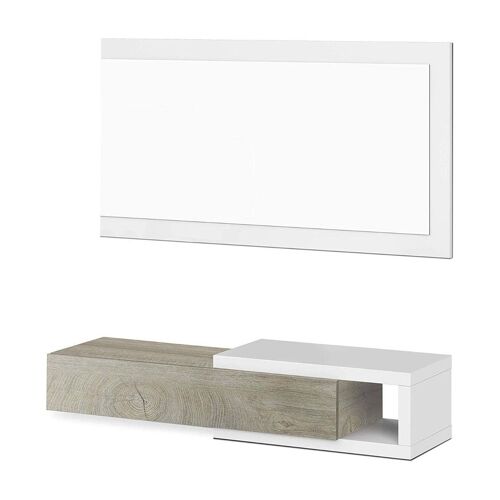 Meuble d'entrée avec miroir effet bois blanc et chêne