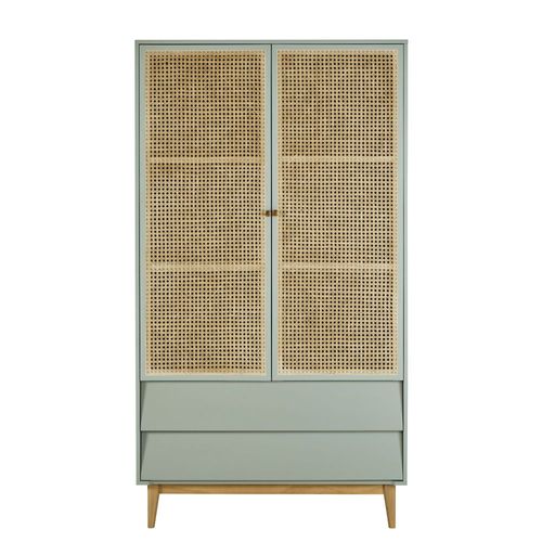 Armoire 2 Portes 2 Tiroirs Bleu Gris Cannage En Rotin