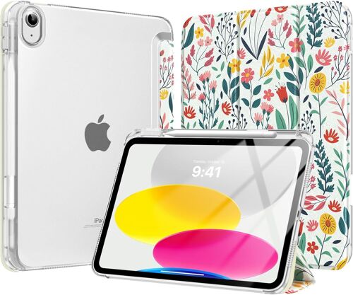 Coque pour iPad 11 Pouces (A16) 11e Génération 2025, iPad 10e Gén 10,9"" 2022 avec Porte-Stylet, Étui iPad 10e Gen Mince Légère à Trois Volets avec PC Arrière Transparente Robuste, Fleur