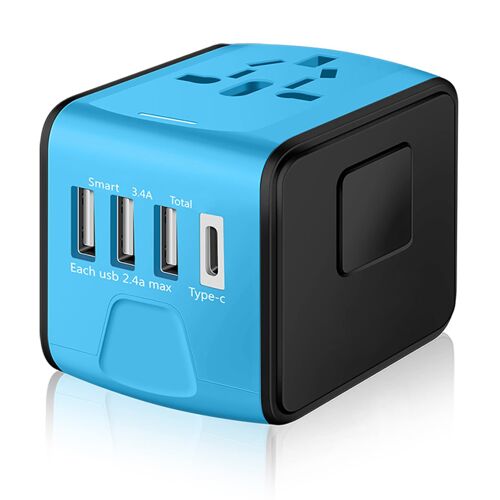Travel Adapter Worldwide, Universal International Power Plug Adapter W/2.4a 3xusb-A And 3.0a Type-C Wall Charger, European Travel Plug Adapter For Europe Uk Eu Us Ca Au Italy Asia-Blue