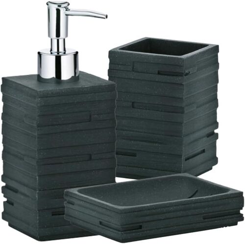 CMJAAGUR-285100 | Ensemble D'Accessoires De Salle De Bain 3 Pièces En Résine Noir | Quader | Effet Pierre Naturel Élégant, 1 Gobelet, 1 Distributeur De Savon, 1 Assiette[M839]