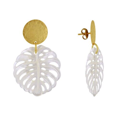 Les Poulettes Bijoux - Boucles D'oreilles Clous Laiton Mat Pastille Brossée Feuille Ajourée En Nacre