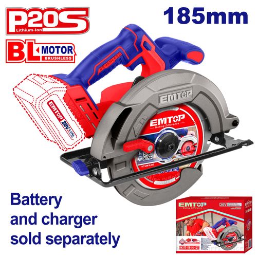Scie Circulaire Sans Fil Emtop 20v Lithium-ion Moteur Brushless 4500rpm 185mm Profondeur De Coupe 65mm (90º) 45mm (45º) Batterie Et Chargeur Vendus Séparément
