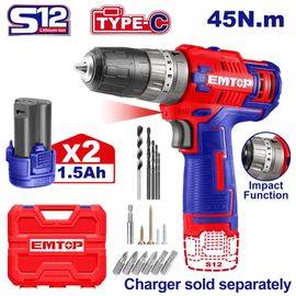 Perceuse Visseuse À Percussion Sans Fil Emtop 12v Avec 2 Batteries Lithium-ion 1.5ah Usb Type-c 45nm 18+1+1 Réglages De Couple 2 Vitesses Led Chargeur Vendu Séparément + Boîte En Plastique