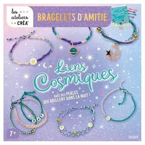 Bracelets D'amitié Liens Cosmiques - Avec 6 Perles Phosphorescentes, 6 Perles Rondes Dorées, 6 Perles Étoilées Phosphorescentes, 1 Breloque Lune Et Étoile, 1 Breloque Planète Émaillée, 2 M...
