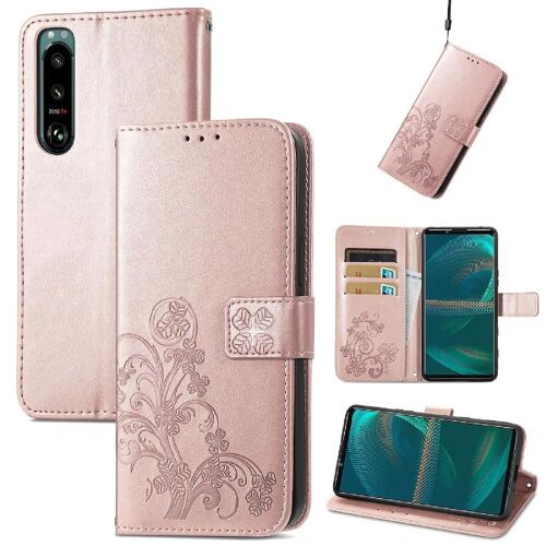 Étui Pour Sony Xperia 5 Iii Affaires Exquises Étui En Cuir Trèfle À Quatre Feuilles Sangle Courte Couverture Rabotant - Doré