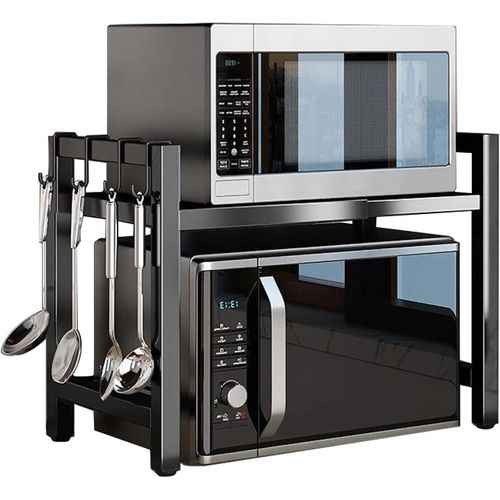 Support pour Micro Onde et Four Extensible Etagere Micro-Ondes avec 6 Crochets Suspendus,Support de Cuisine Pratique pour Plan de Travail,Organisateur de Cuisine,Noir (Noir)