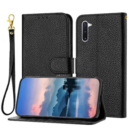 Téléphone Étui Pour Samsung Galaxy Note 10 Titulaire De Fentes Pour Cartes Pattern Litchi Flip Folio Léther Pu Portefeuille - Noir