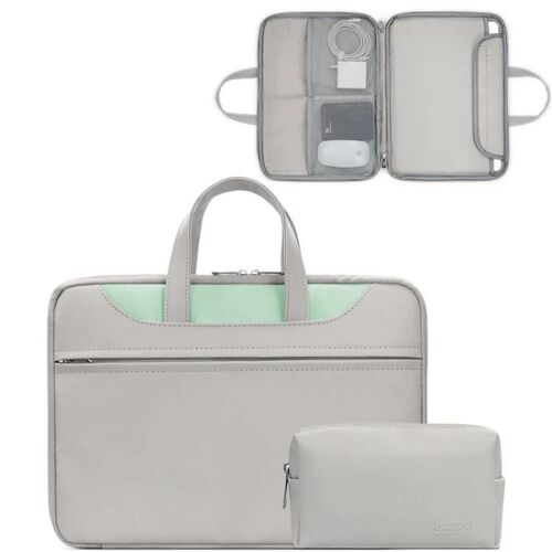 Sac à main pour ordinateur portable de 15,6 pouces-Cuir PU à ouverture complète,gris et vert menthe-Gris + vert menthe + sac d'alimentation