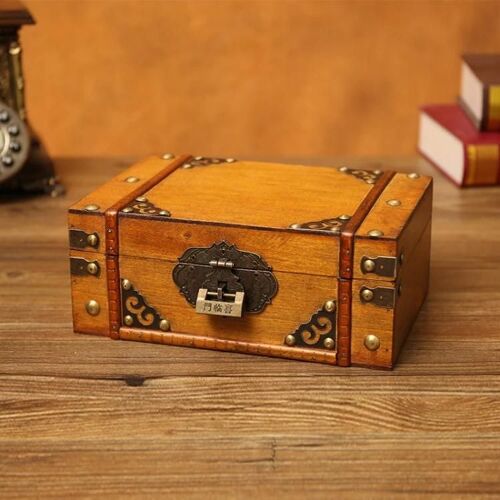 Boîte de rangement cosmétique ancienne en détresse-Jaune avec serrure pour coiffeuse
