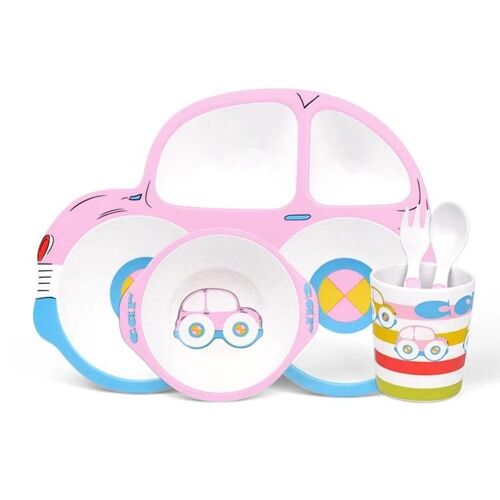 Ensemble D'assiettes Plates En Fibre De Bambou Pour Enfants-5 Pièces,Design De Dessin Animé,Rose Rose