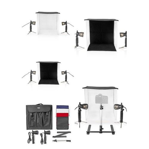 Kit studio photo 2 projecteurs 40 cm 40 cm 40 cm 425LM Pliable 4 couleurs Arrière-plans inclus Sac de voyage Noire